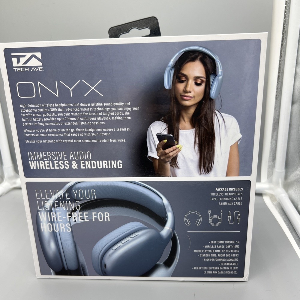 Tech Ave Onyx Wireless Headphones Blue Bluetooth 5.4 Over Ear High Definition